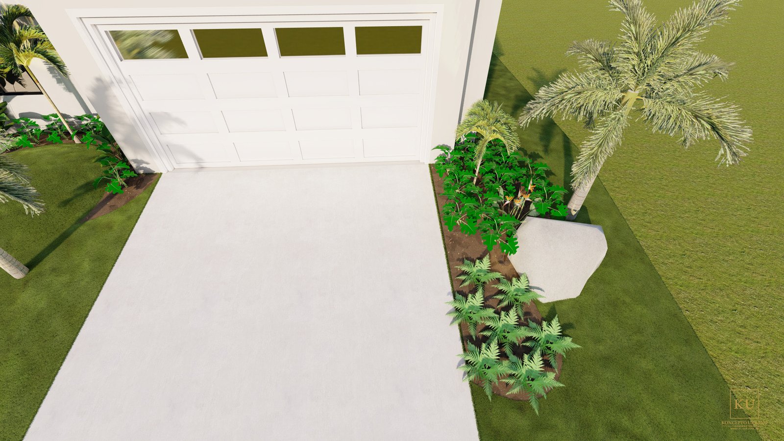 3D aerial landscape design rendering showing proposed pool, planting, walkways, and outdoor living improvements.