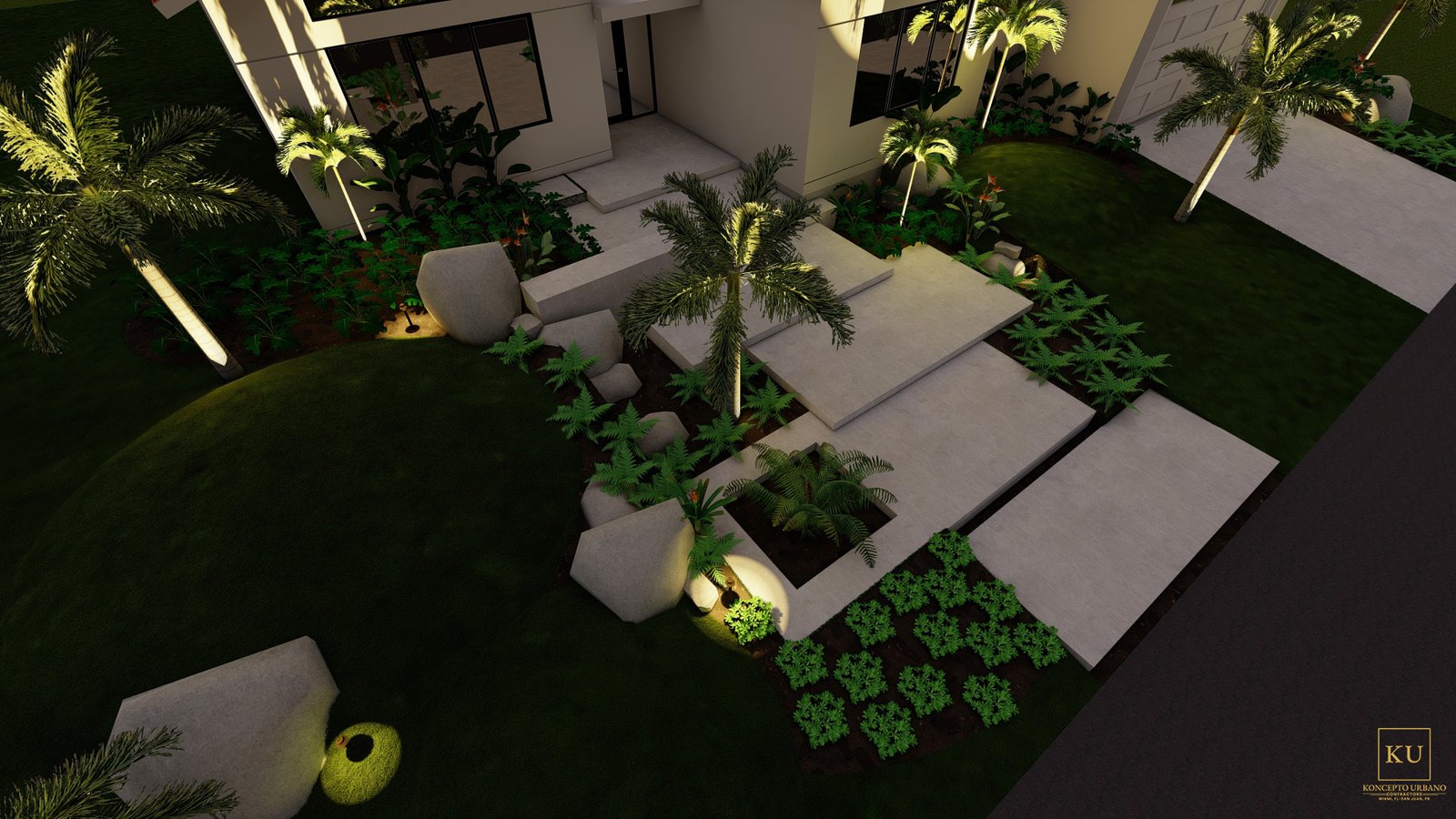 Completed residential landscape with new planting, hardscape, and outdoor lighting