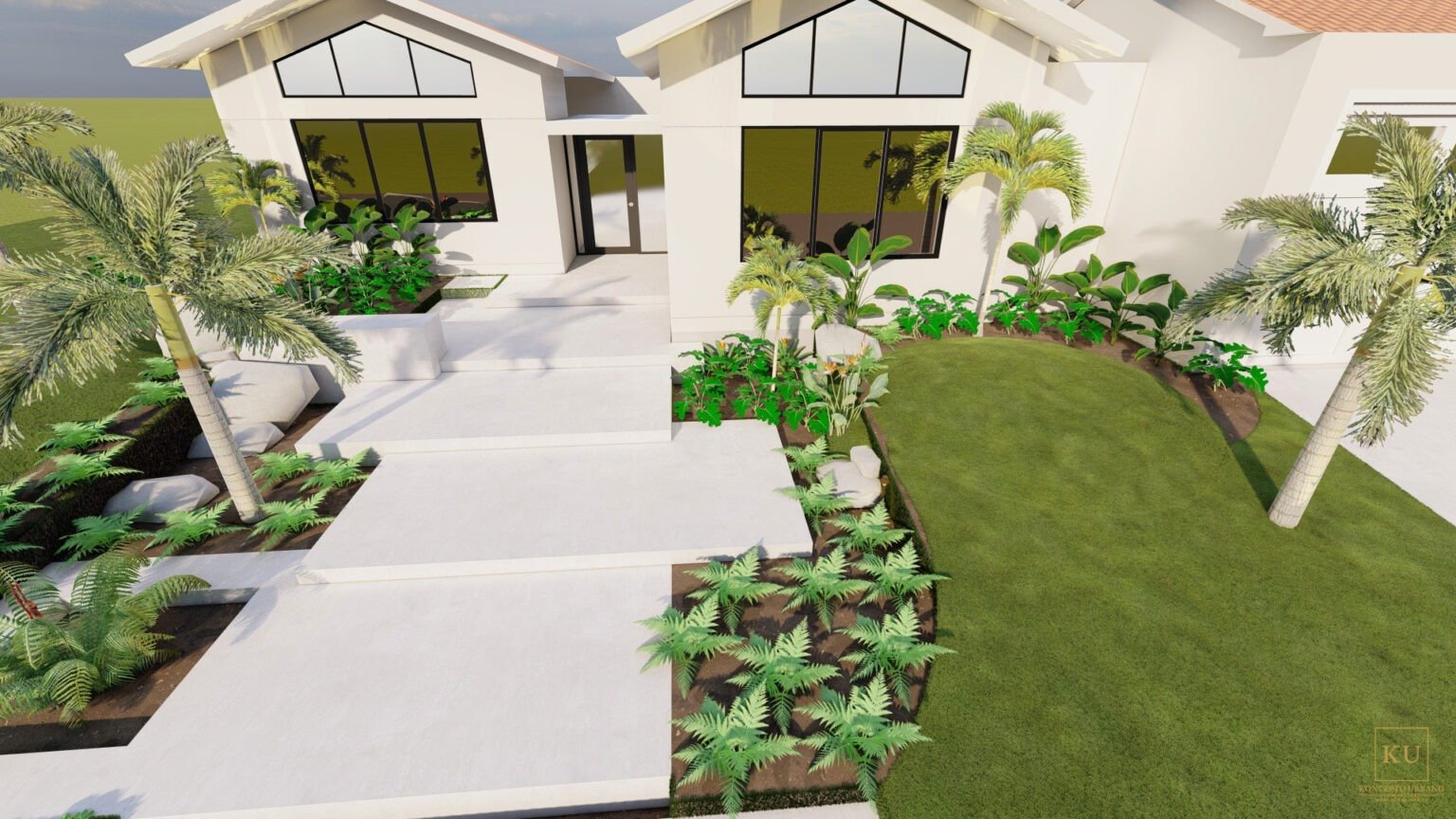 3D aerial landscape design rendering showing proposed pool, planting, walkways, and outdoor living improvements.