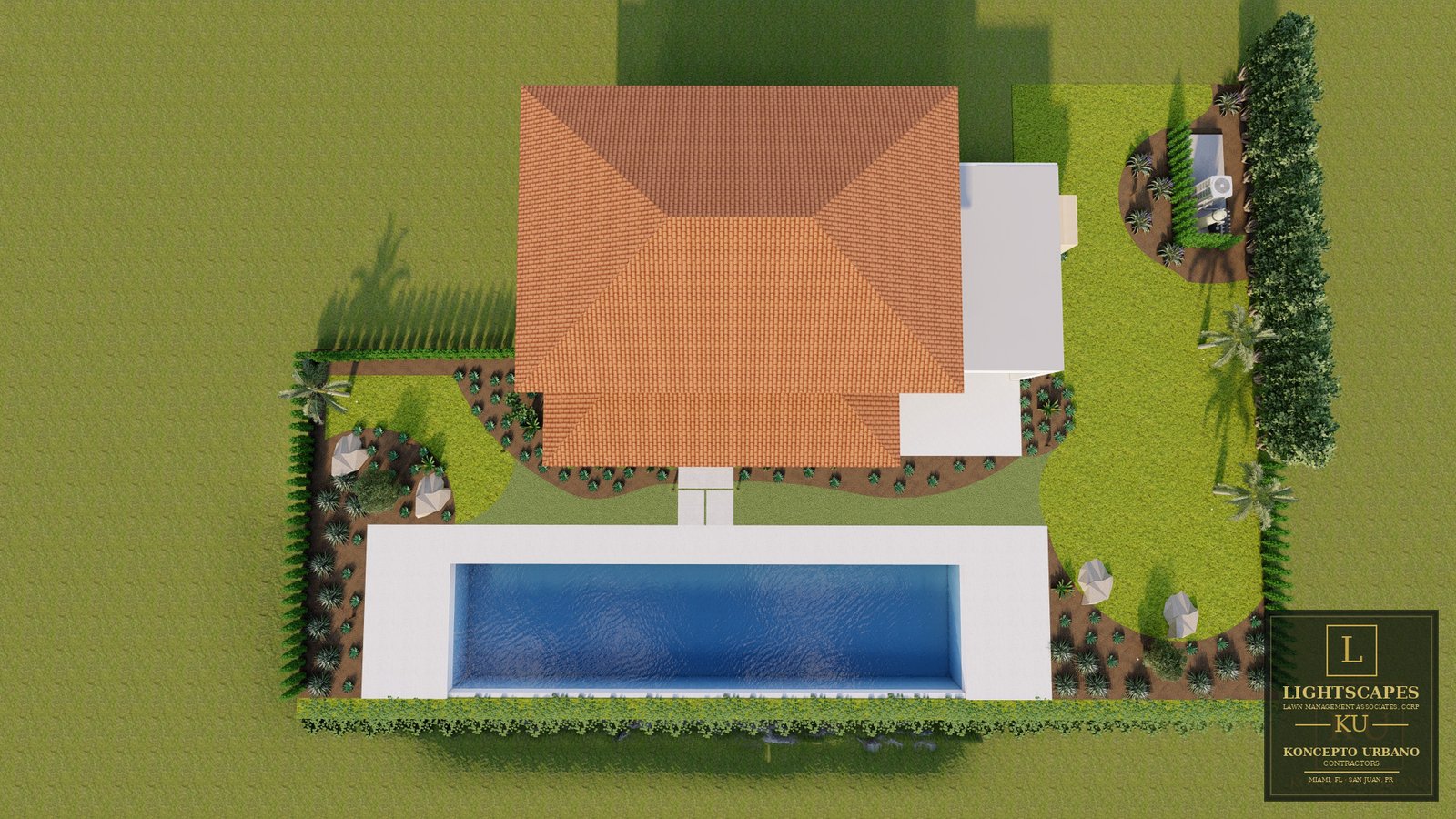 3D aerial landscape design rendering showing proposed pool, planting, walkways, and outdoor living improvements.