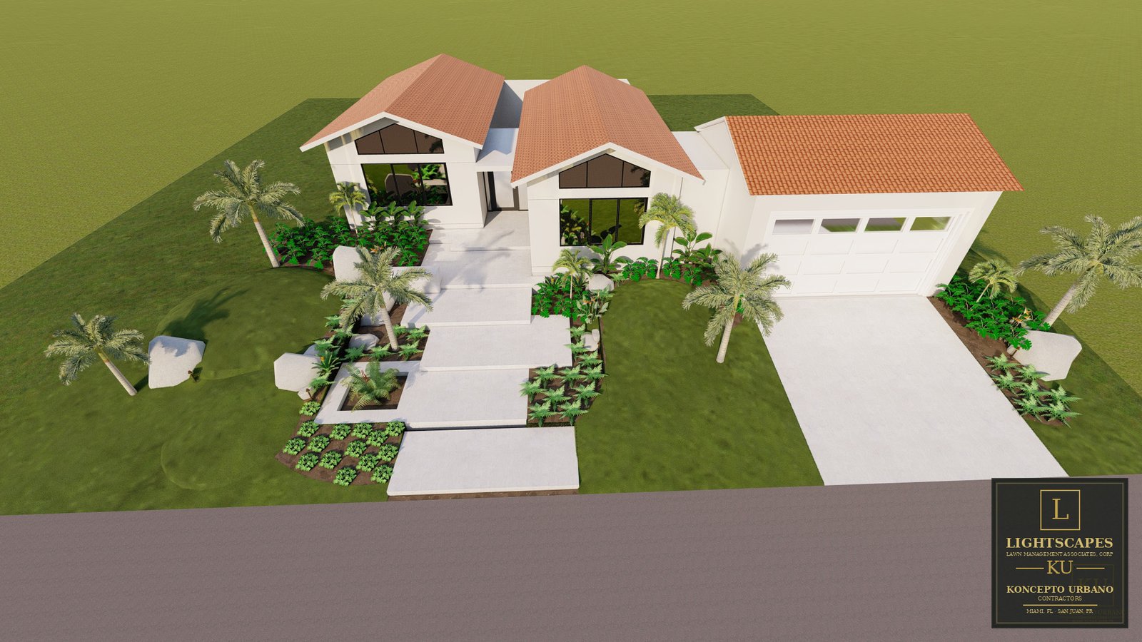 3D aerial landscape design rendering showing proposed pool, planting, walkways, and outdoor living improvements.